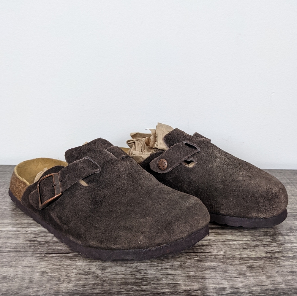 RARE Birkenstock Birko Premium Boston Mocha Suede Mule Clogs Ladies 6 Mens 4